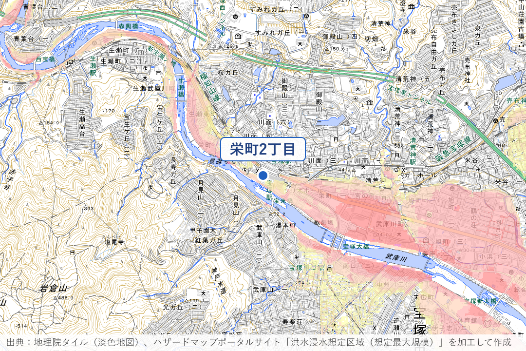 栄町2丁目・武庫川町の川沿い周辺の洪水浸水想定区域を重ねた地図
