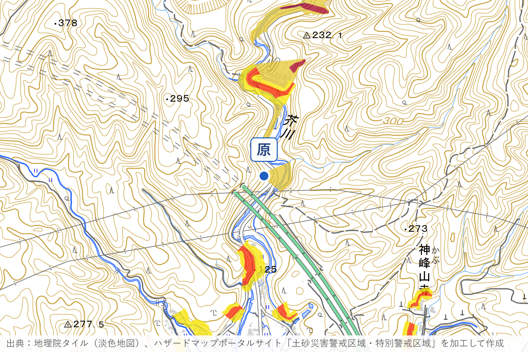 原地区の山際・谷筋周辺の土砂災害警戒区域を重ねた地図