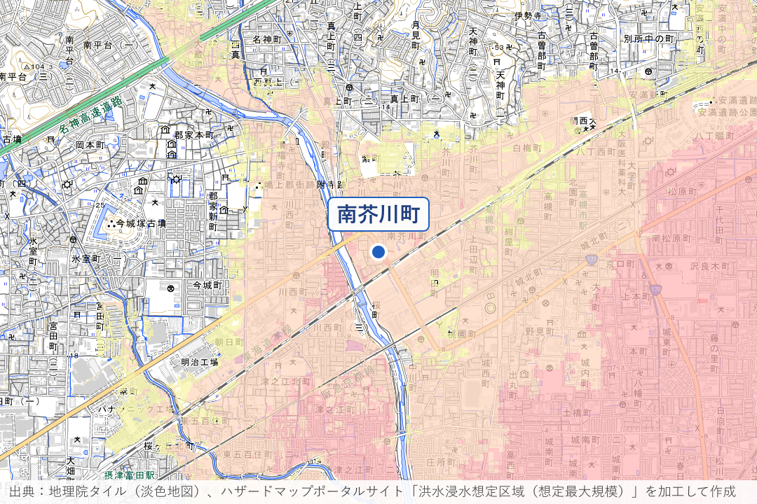 南芥川町・市道芥川町107号線のアンダーパス周辺の洪水浸水想定区域を重ねた地図