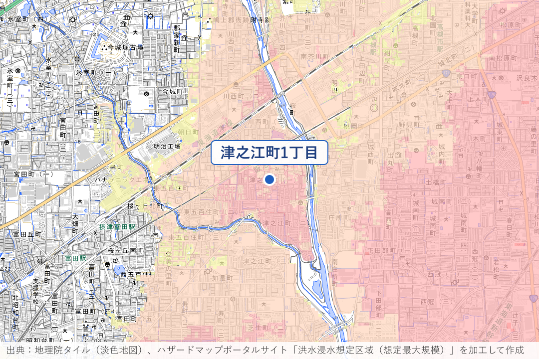 津之江町1丁目・市道川西津之江線のアンダーパス周辺の洪水浸水想定区域を重ねた地図