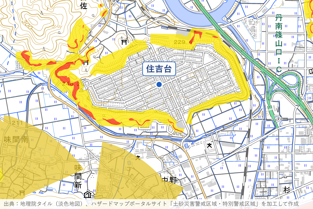 住吉台の住宅地を囲む斜面周辺の土砂災害警戒区域を重ねた地図