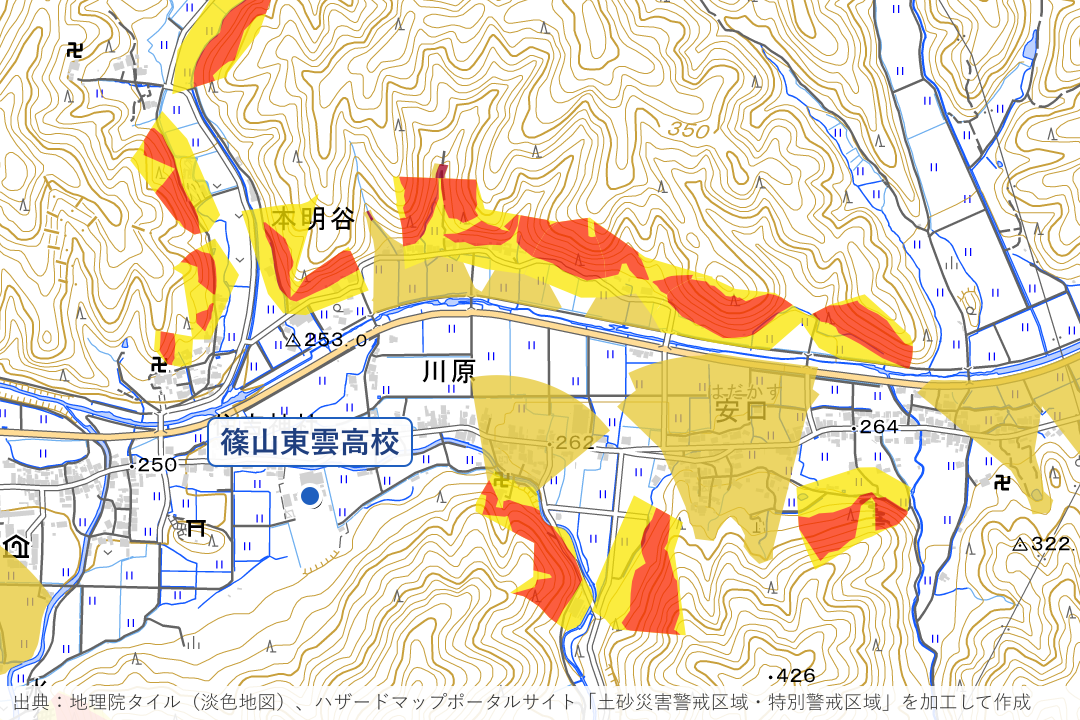 福住東の川原・安口・本明谷周辺の土砂災害警戒区域を重ねた地図