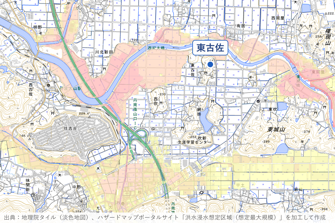 篠山川南岸の西吹・東古佐周辺の洪水浸水想定区域を重ねた地図