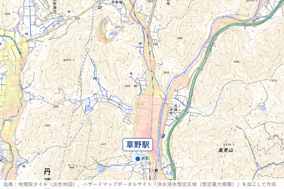 武庫川沿いの油井・草野駅北周辺の洪水浸水想定区域を重ねた地図