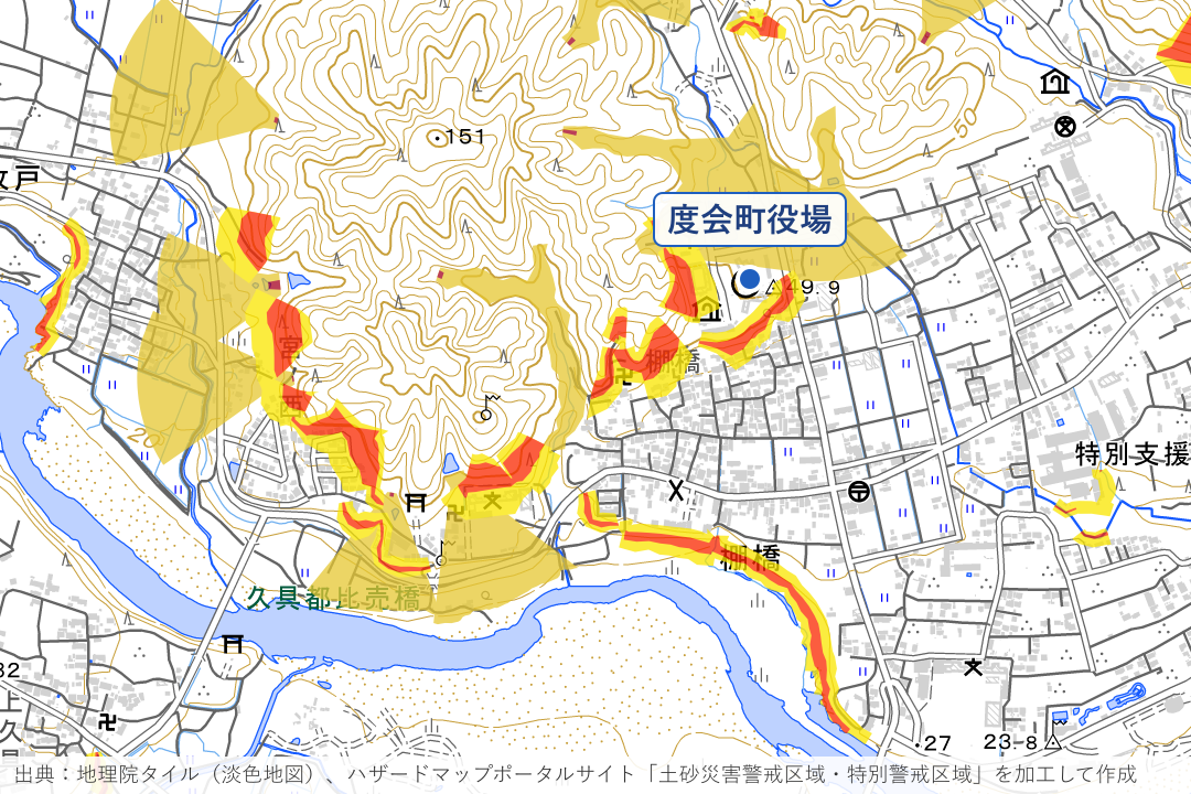棚橋の役場周辺と度会小学校の山裾周辺の土砂災害警戒区域を重ねた地図