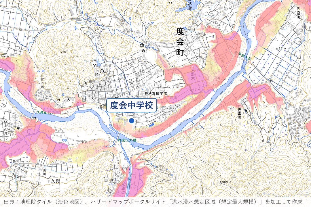 棚橋・大野木の宮川沿い周辺の洪水浸水想定区域を重ねた地図