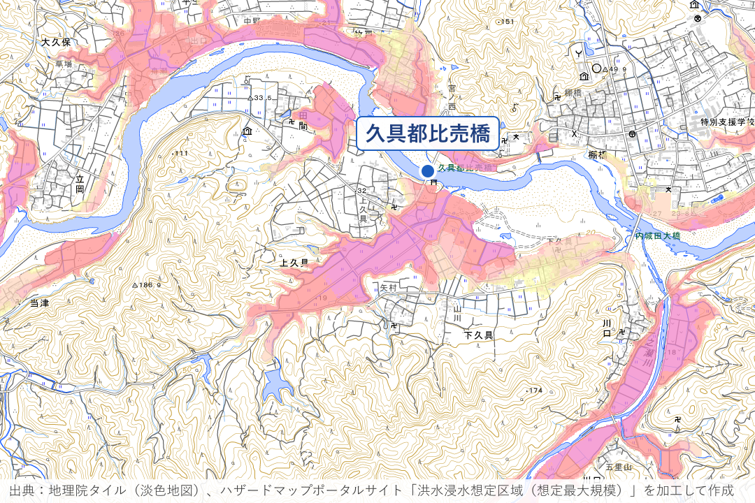 上久具・下久具のわんだ川周辺周辺の洪水浸水想定区域を重ねた地図