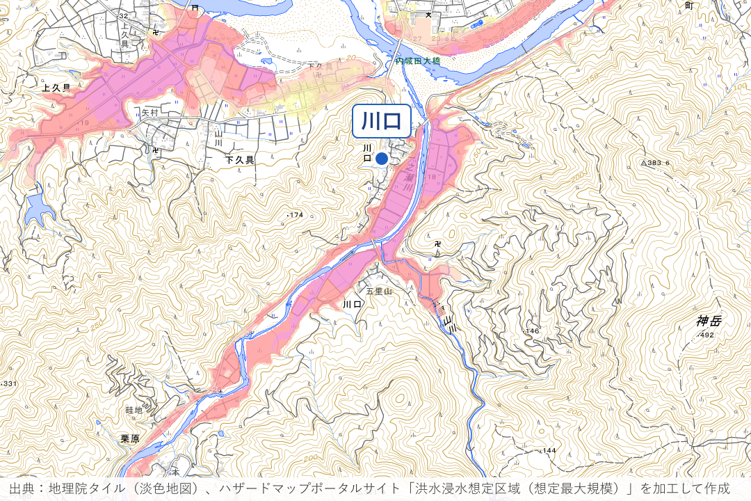川口の一之瀬川沿い（五里山川合流部）周辺の洪水浸水想定区域を重ねた地図