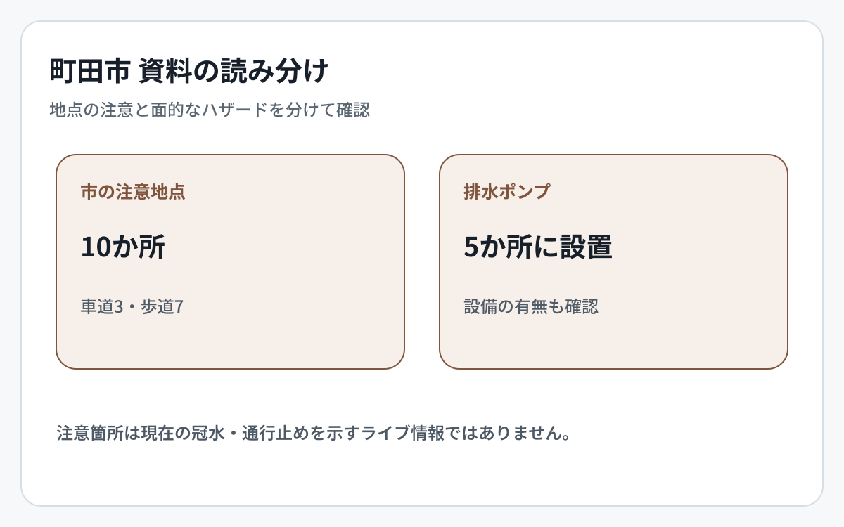 町田市の道路冠水資料とハザード資料の対象範囲を比較した図