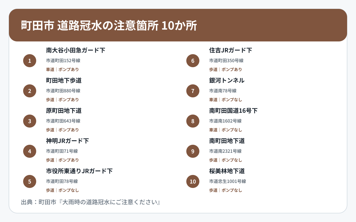 町田市の道路冠水注意箇所10か所を道路区分と管理者で整理した図