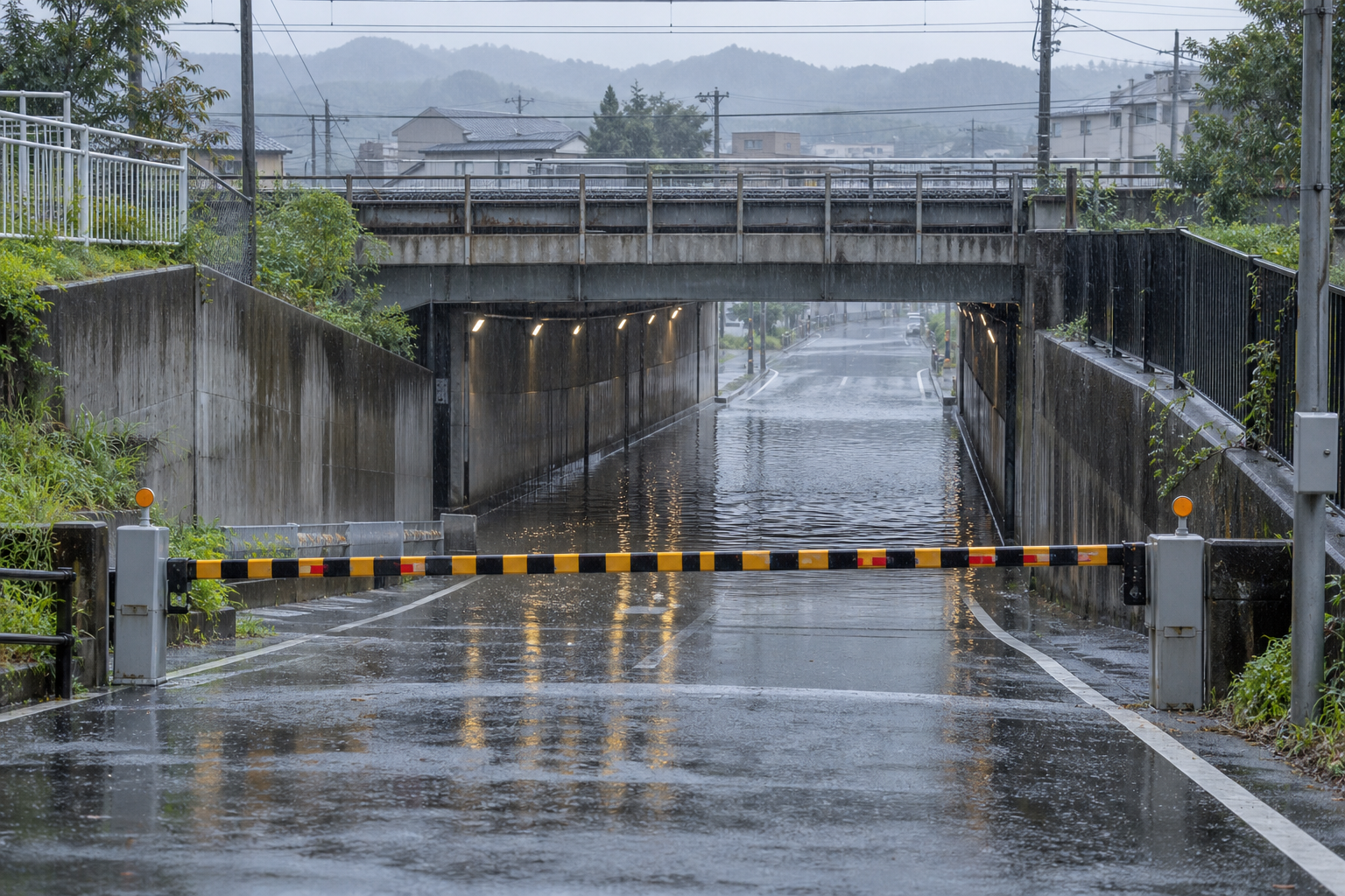 大雨で水がたまり通行止めになった前橋市郊外をイメージしたアンダーパス