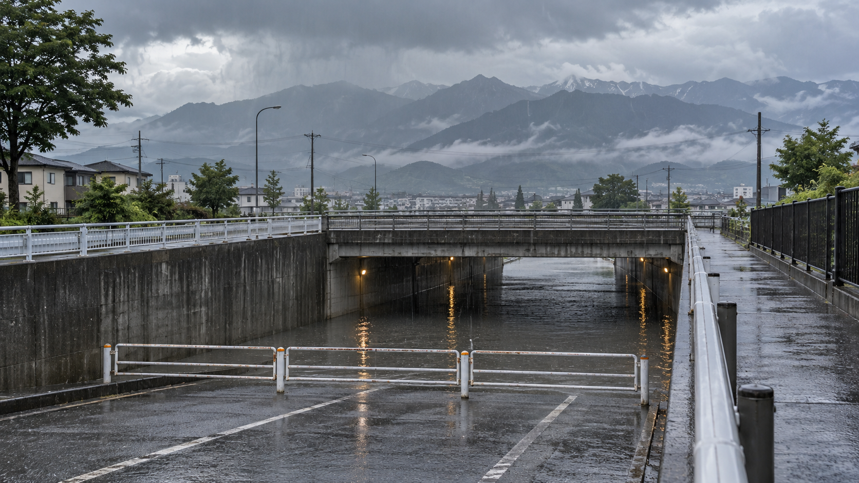 大雨で水がたまり通行止めになった松本市郊外をイメージしたアンダーパス