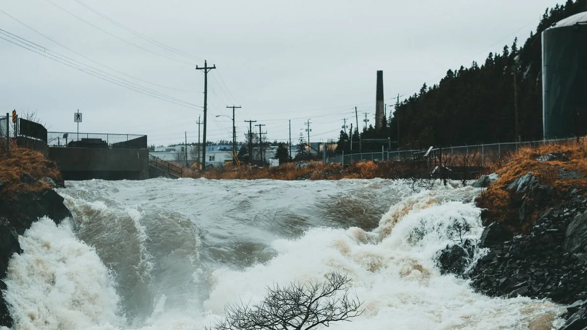 茶色く濁って増水し、堰を越えて流れ下る川。奥に住宅と電柱が見える