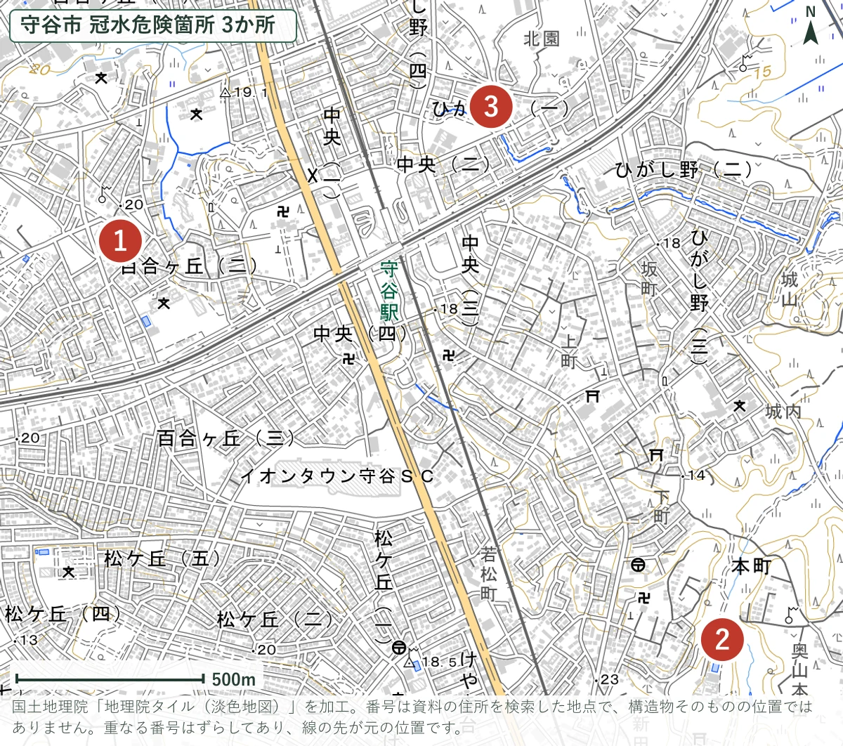 3か所の位置。①②が県道で、9月7日から雨の前に閉める対象です（国土地理院の淡色地図を加工）
