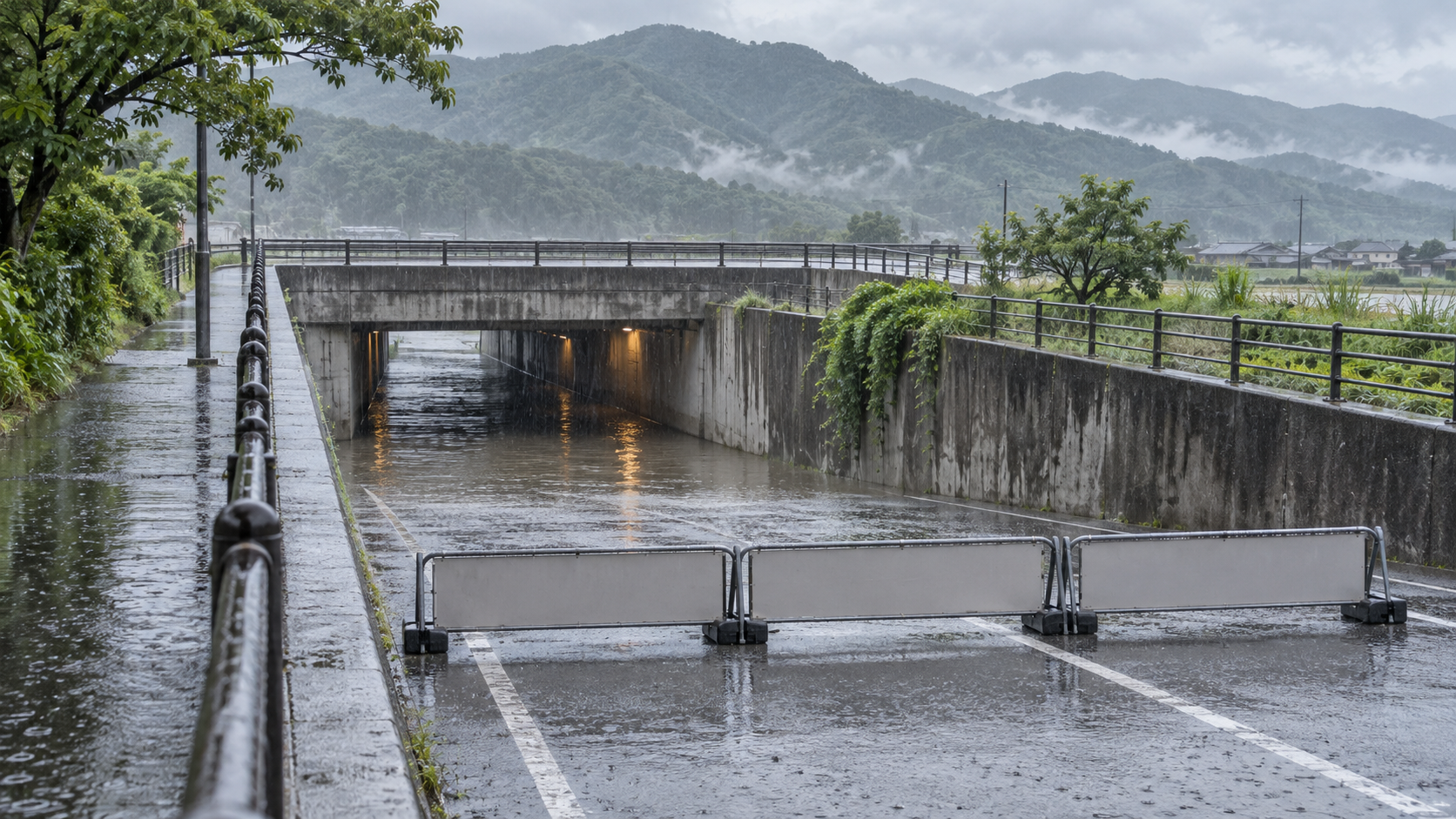 大雨で水がたまり通行止めになった長野市郊外をイメージしたアンダーパス