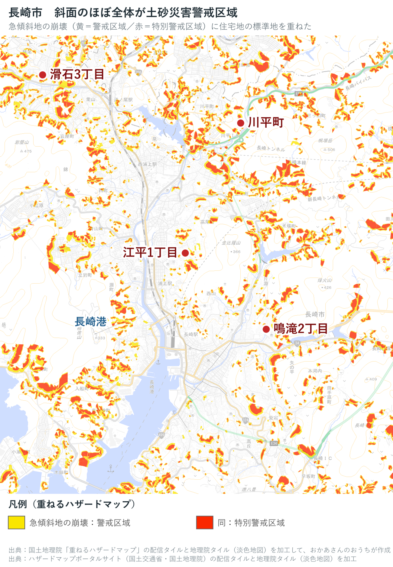 長崎市中心部の土砂災害警戒区域図。谷筋を除いた斜面のほぼ全体が黄色と赤で塗られ、住宅地の丸印がその中に入っている