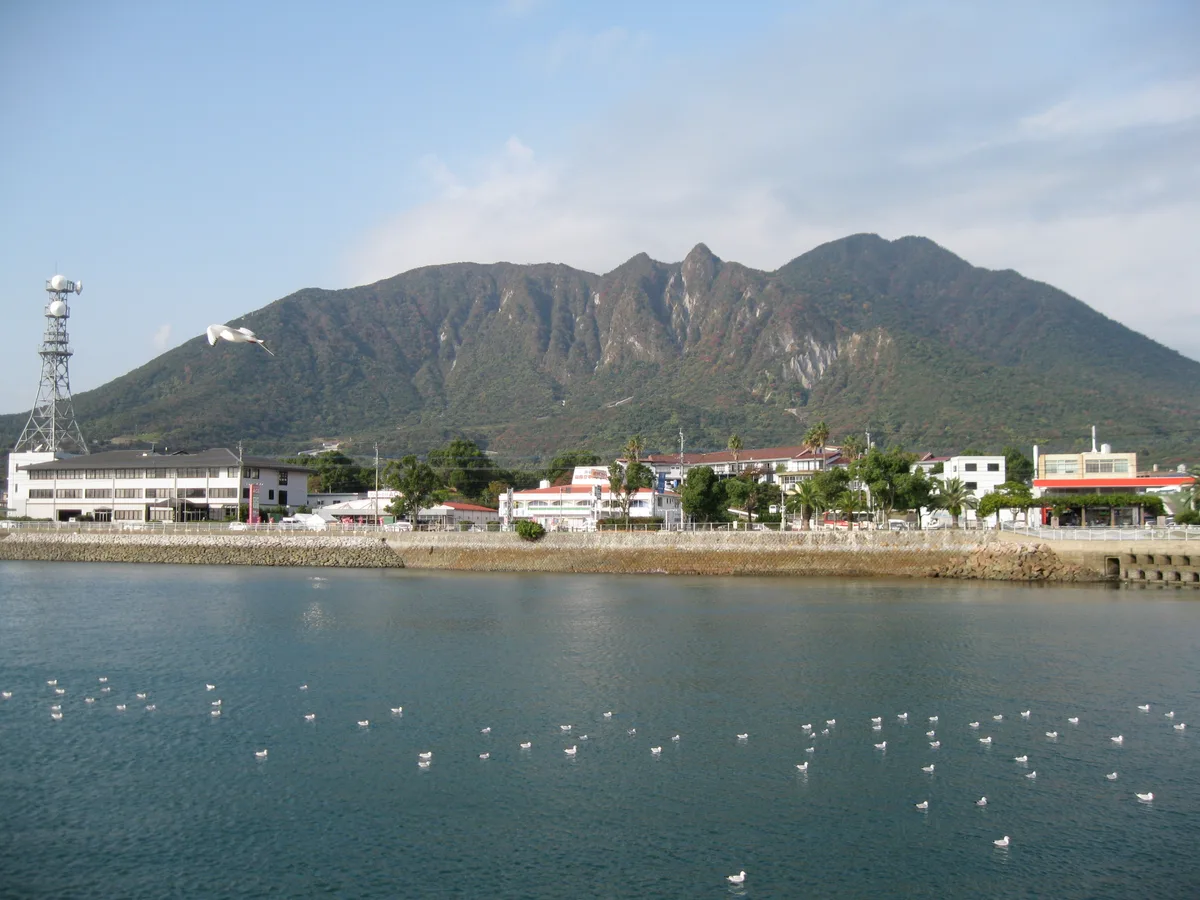 水面ごしに見た眉山。手前は白い水鳥が浮かぶ港で、対岸の建物の背後に、稜線が2つに割れた山が立っている