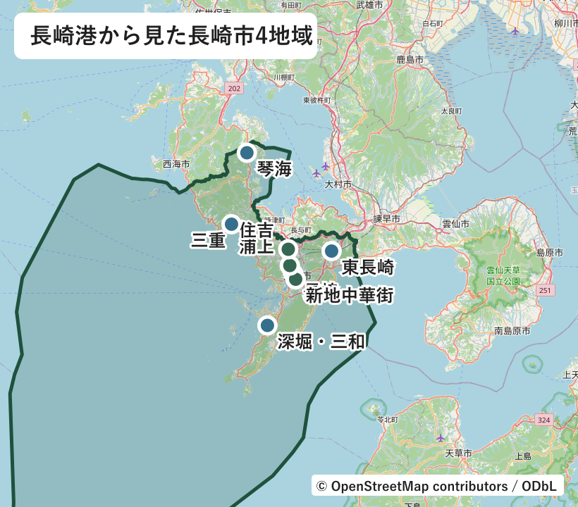 長崎市の行政界と長崎、新地中華街、浦上、住吉、東長崎、深堀・三和、三重、琴海の位置図