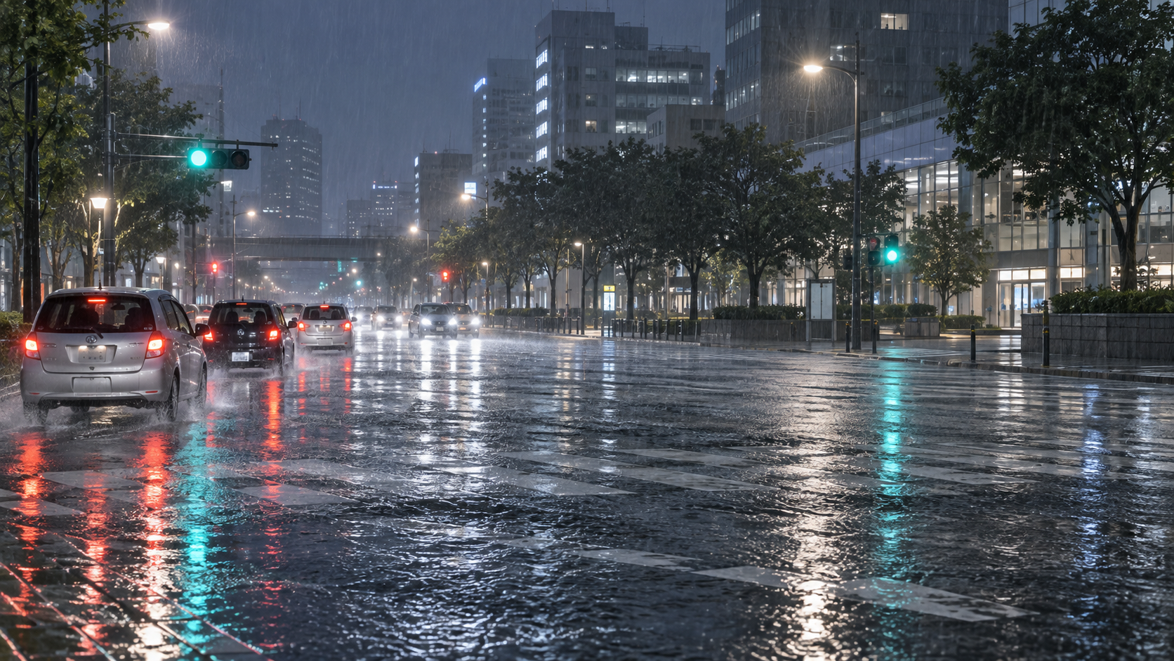 名古屋中心部で激しく降る雨と、濡れた道路を慎重に進む車