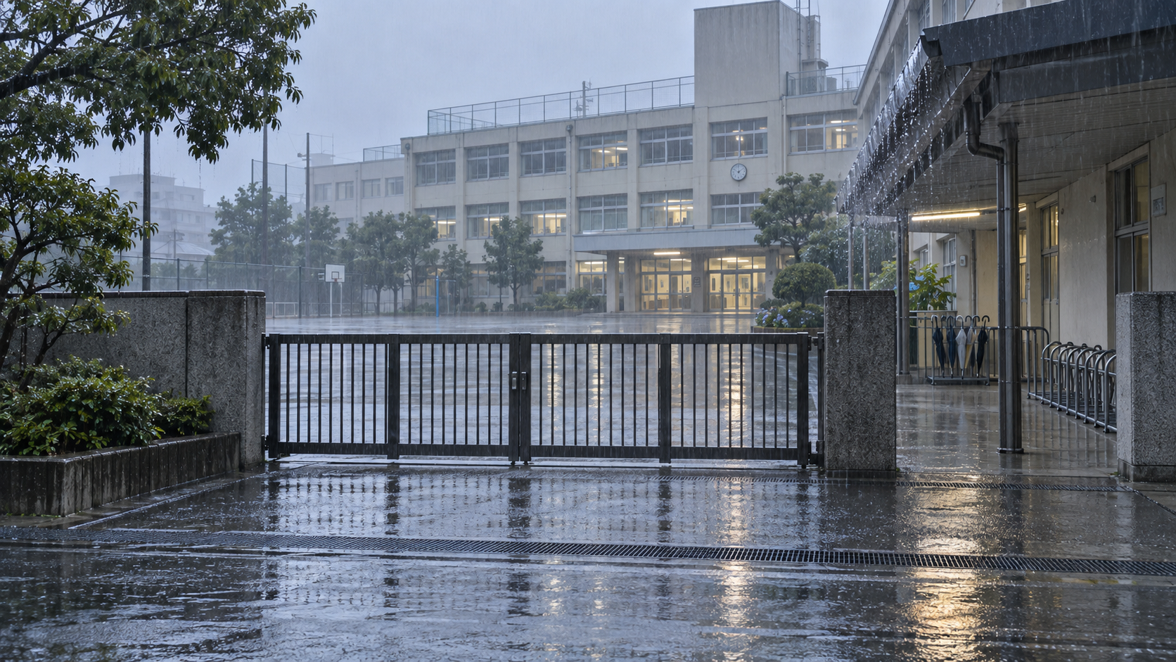 大雨の朝、門が閉じた名古屋市内の学校をイメージした情景