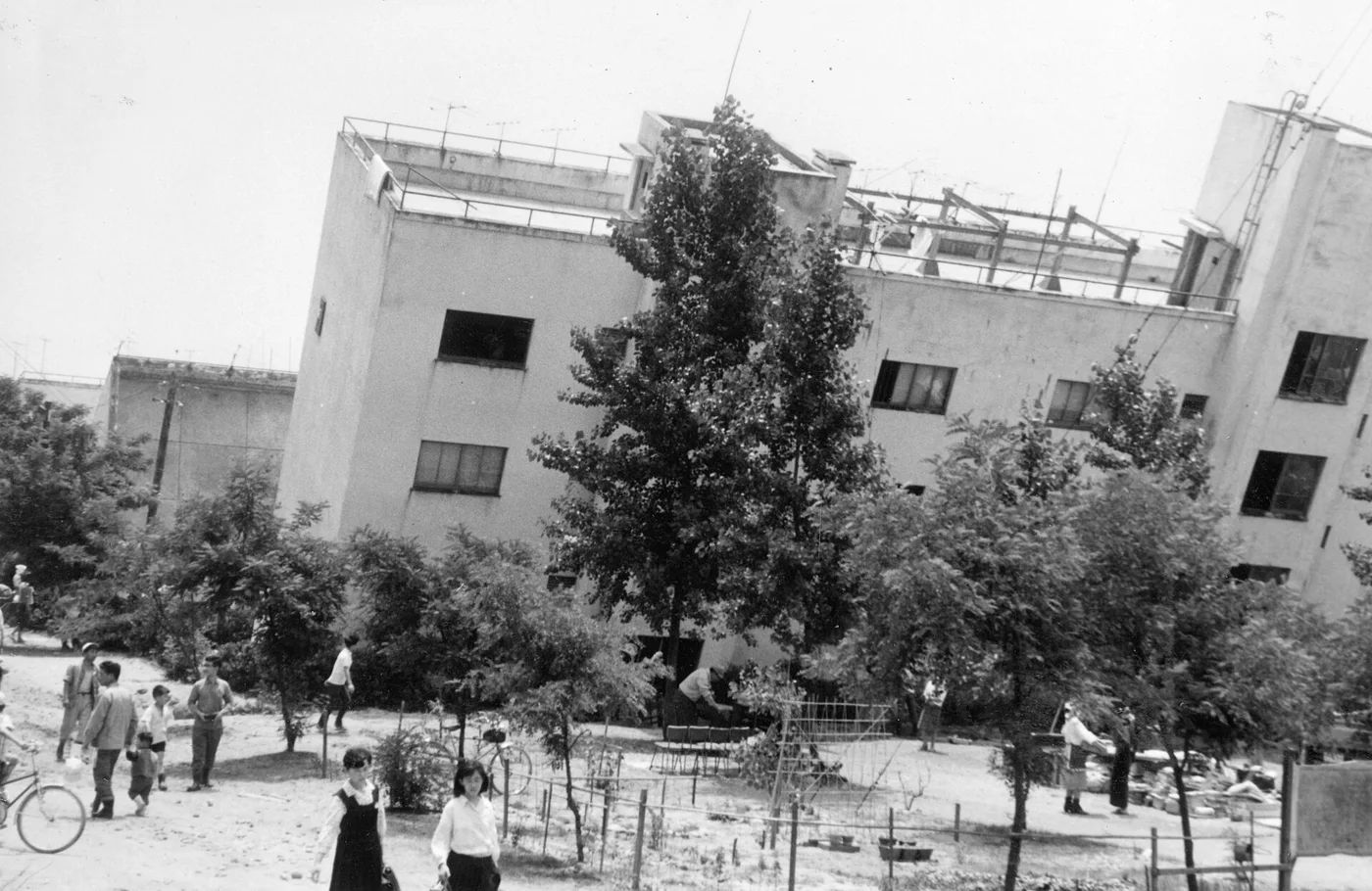 1964年の新潟地震で大きく傾いた鉄筋コンクリート4階建ての県営アパート。建物の壁はほとんど壊れておらず、手前に人が集まっている