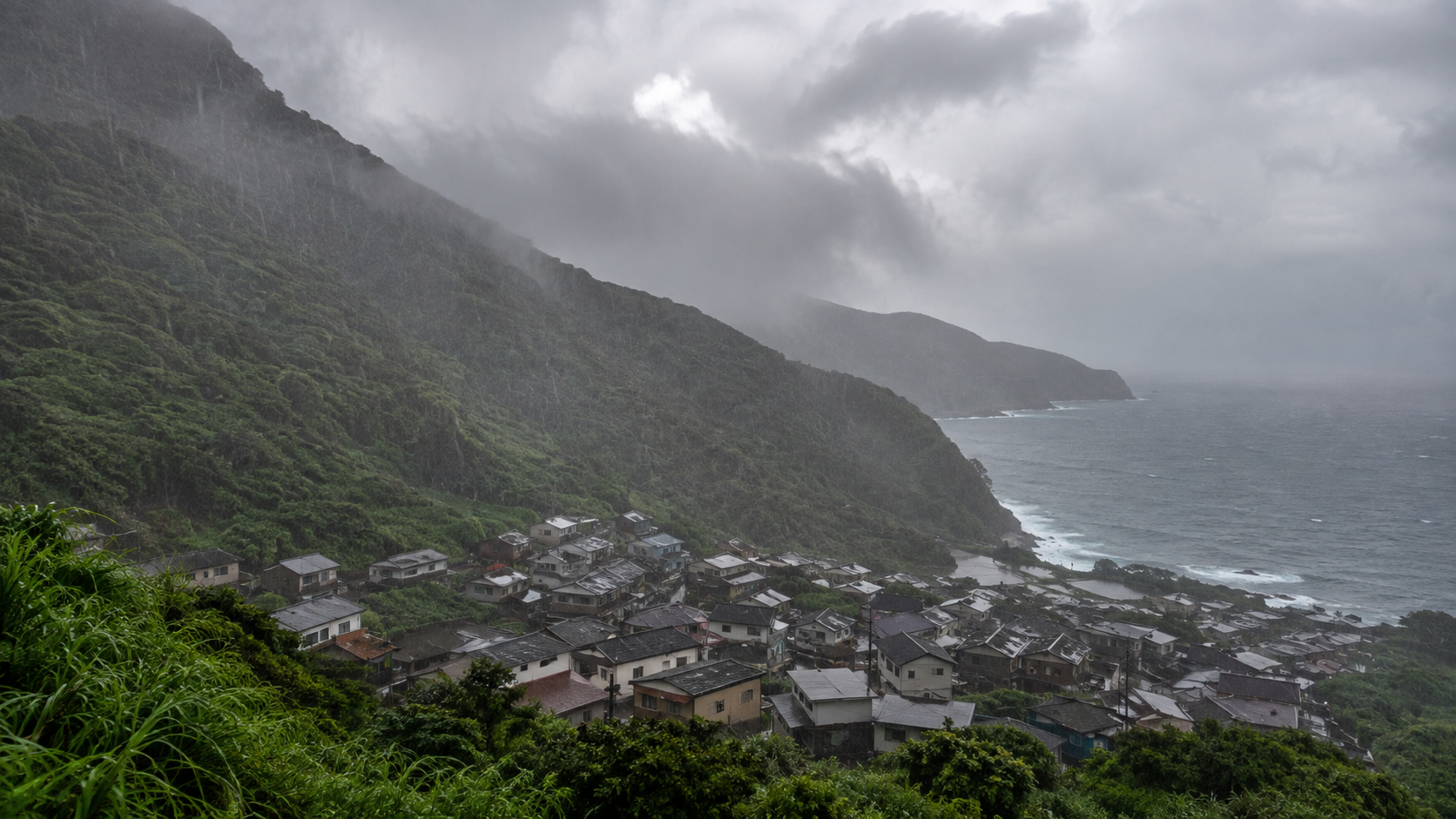 伊豆諸島の急斜面と集落に激しい雨が降る情景イメージ