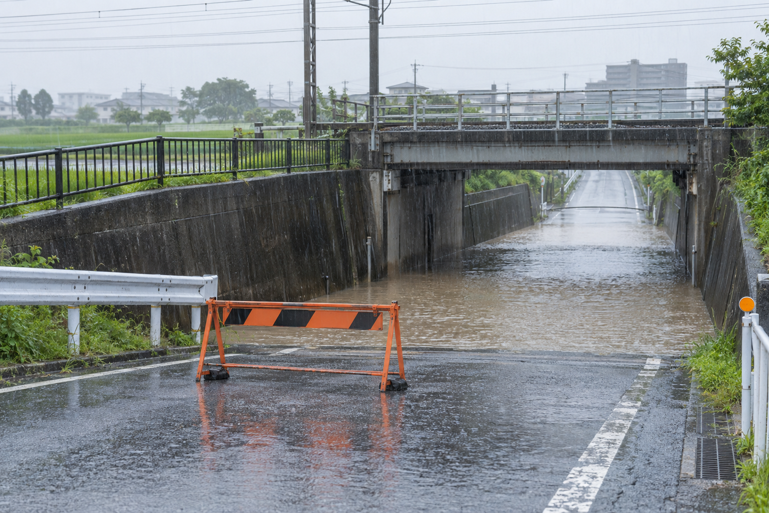 大雨で水がたまり通行止めになった大垣市郊外をイメージしたアンダーパス