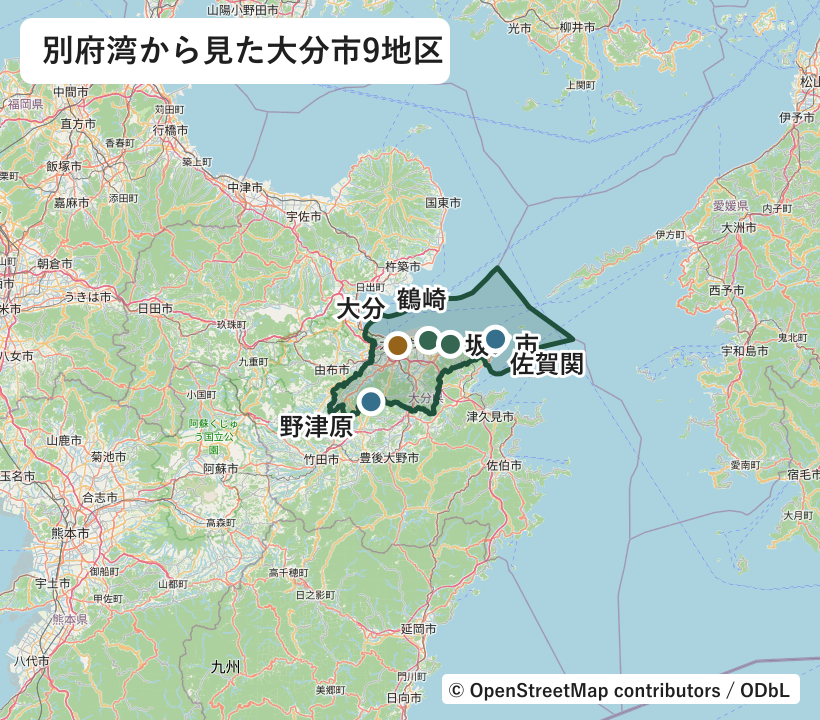大分市の行政界と大分、西大分、鶴崎、大在、坂ノ市、佐賀関、稙田、大南、明野、野津原の位置図
