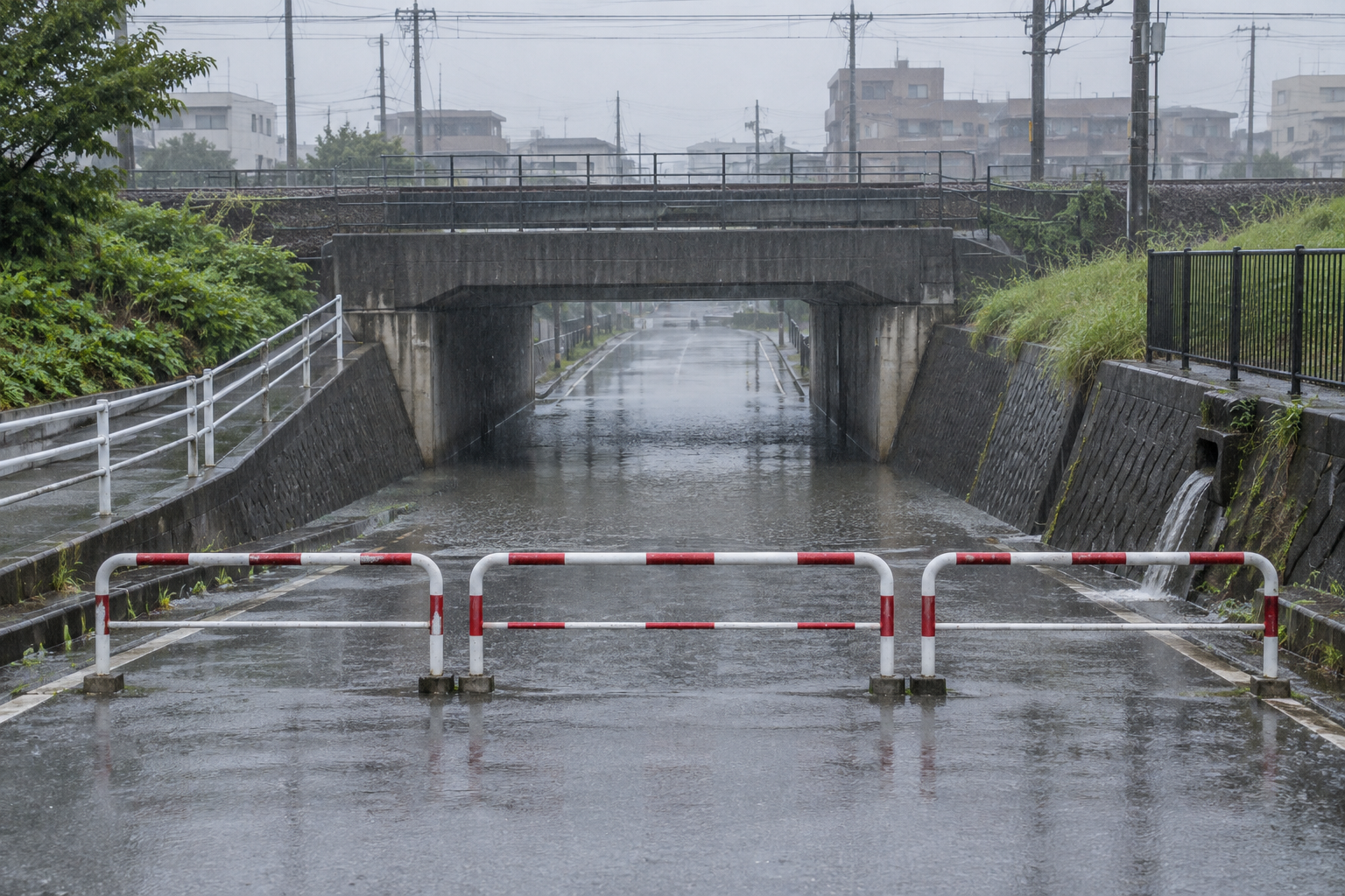 大雨で水がたまり通行止めになった岡山市郊外をイメージしたアンダーパス