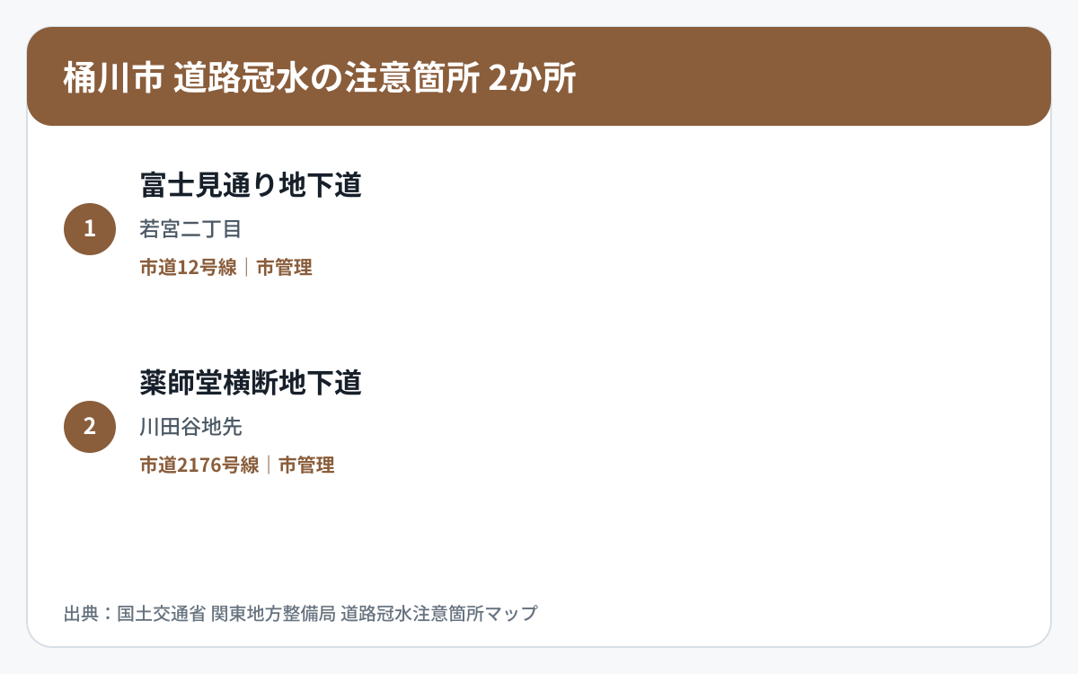 桶川市の道路冠水注意箇所2か所を道路区分と管理者で整理した図