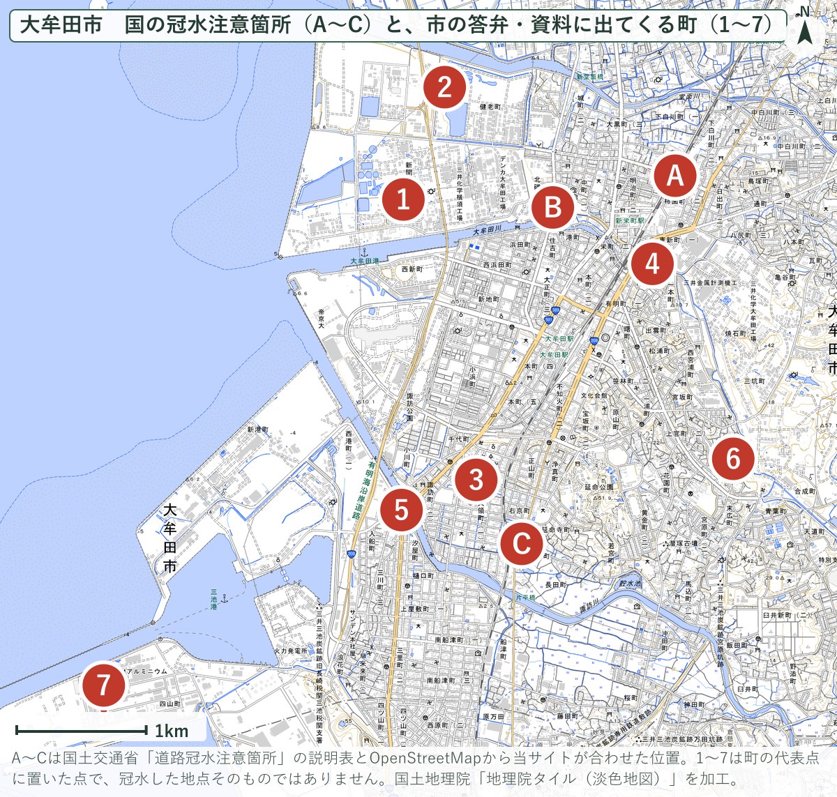 大牟田市の道路冠水注意箇所（A〜C）と、市の答弁・資料に出てくる町（1〜7）の地図