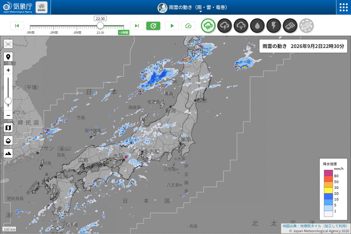 気象庁の雨雲の動き。2026年9月2日22時30分の東日本。関東平野には雨雲がかかっていない