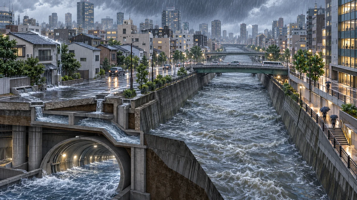 東京の市街地の雨水が神田川と地下調節池へ集まる様子を示したAI生成の模式イラスト