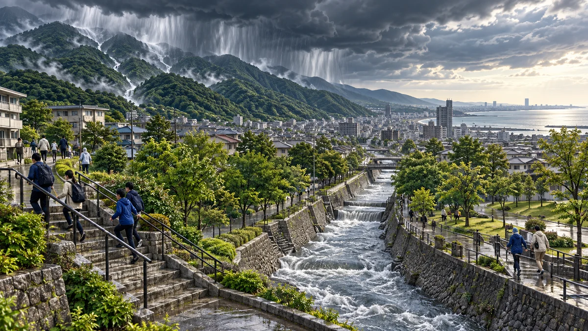 六甲山地から夙川河川敷へ雨水が短時間で集まる様子を示したAI生成の模式イラスト