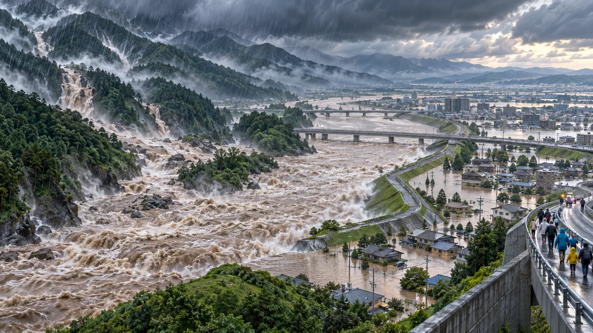 天竜川の急な山地から平野へ雨水が集まる様子を示したAI生成の模式イラスト
