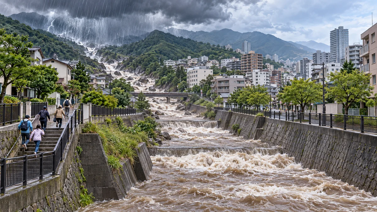 六甲山地の局地的な雨が都賀川の市街地河道へ集まる様子を示したAI生成の模式イラスト