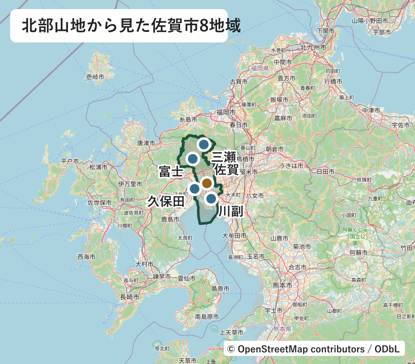 佐賀市の行政界と佐賀、県庁、大和、富士、三瀬、諸富、川副、東与賀、久保田の位置図