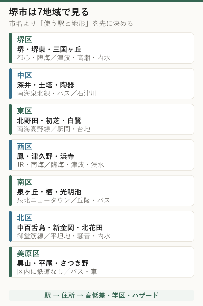 堺市の7区ごとに代表的な駅・地域と住まい探しの確認点を示した図