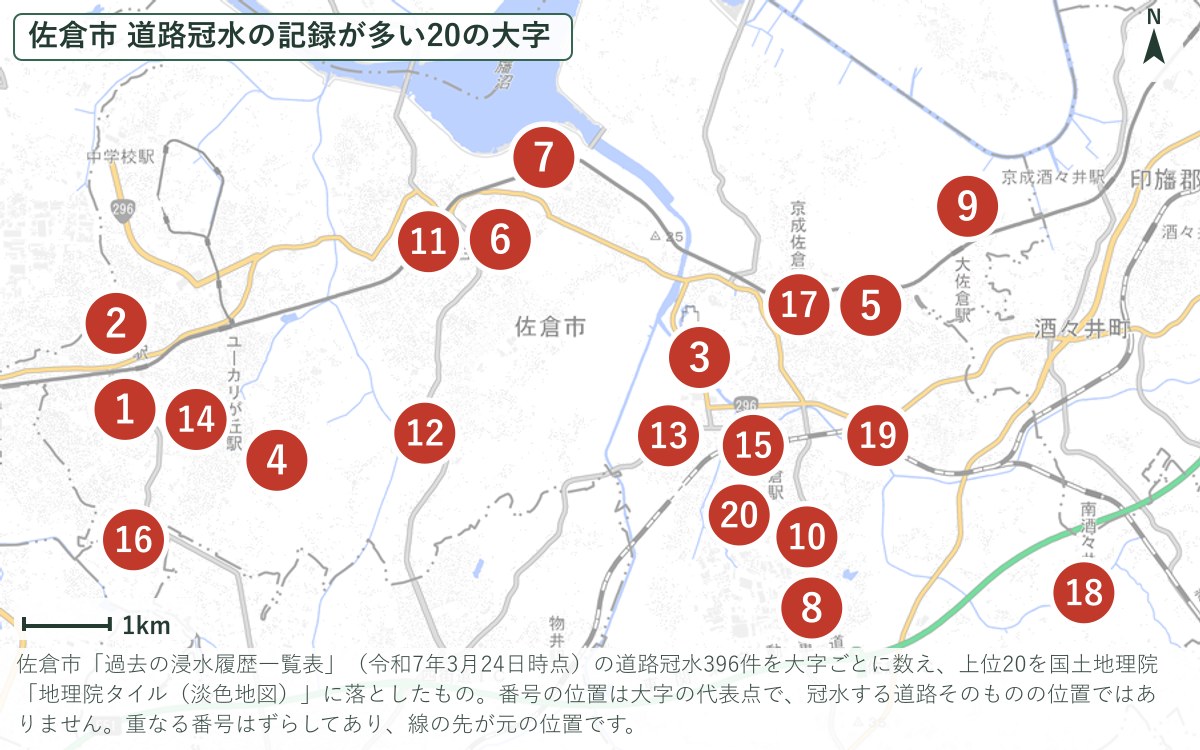 佐倉市で道路冠水の記録が多い20の大字の地図