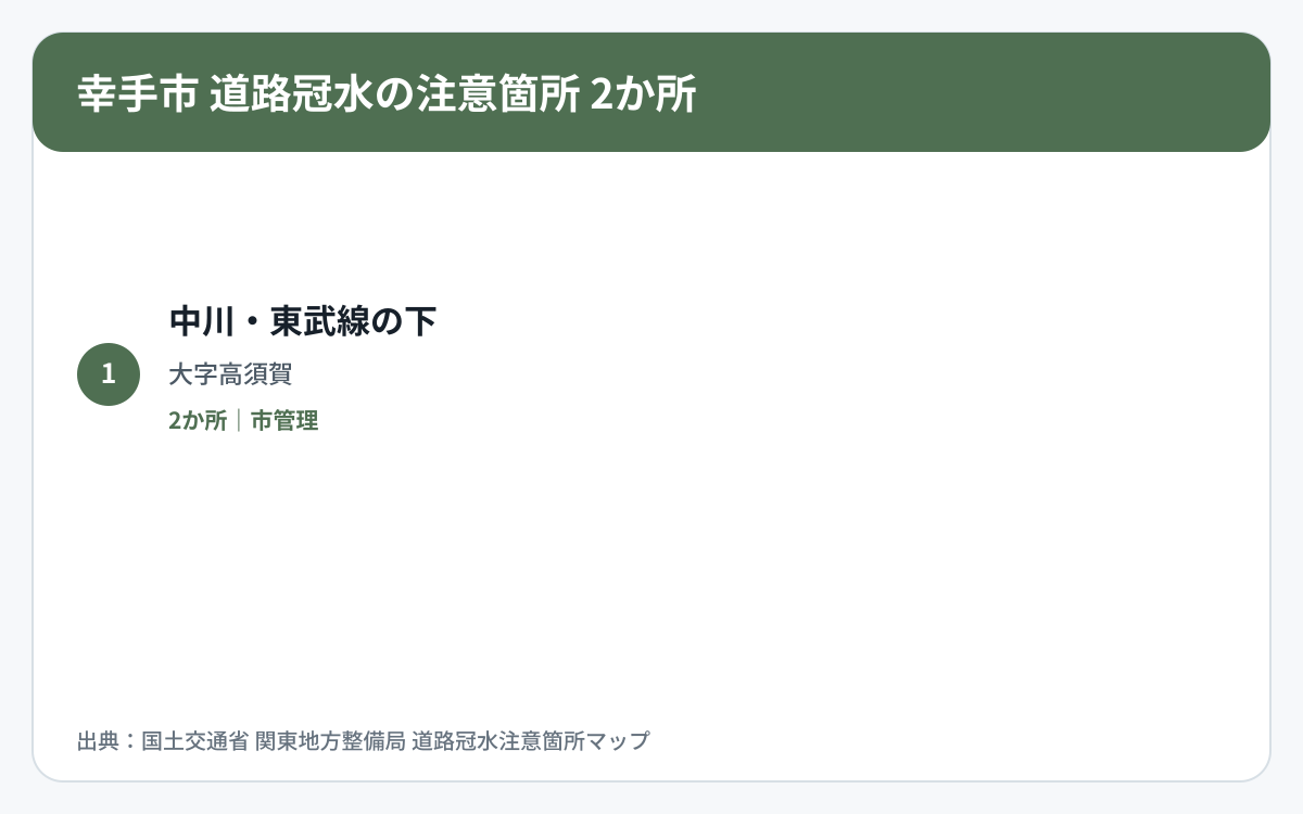 幸手市の道路冠水注意箇所2か所を道路区分と管理者で整理した図