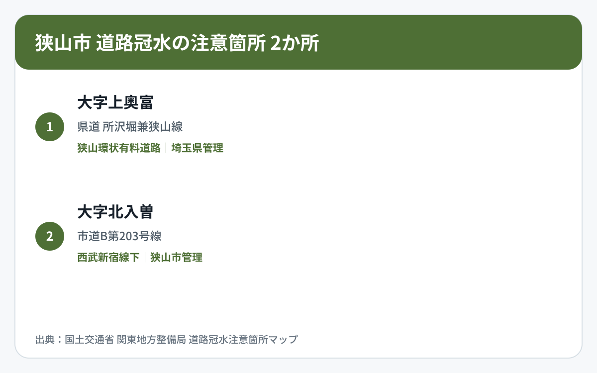 狭山市の道路冠水注意箇所2か所を道路区分と管理者で整理した図