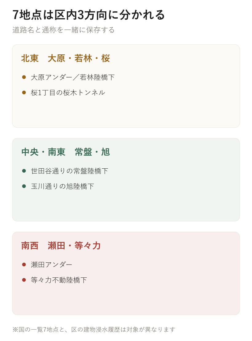 7地点は区内3方向に分かれる。北東　大原・若林・桜、中央・南東　常盤・旭、南西　瀬田・等々力