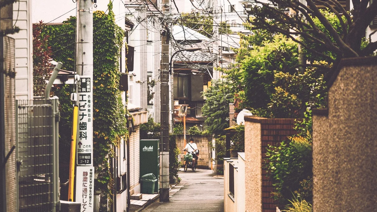 両側を塀と住宅にはさまれた日本の細い道。奥まで見通せる