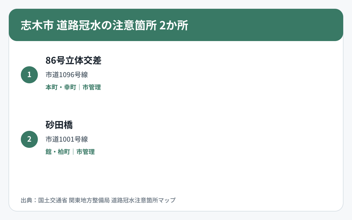 志木市の道路冠水注意箇所2か所を道路区分と管理者で整理した図