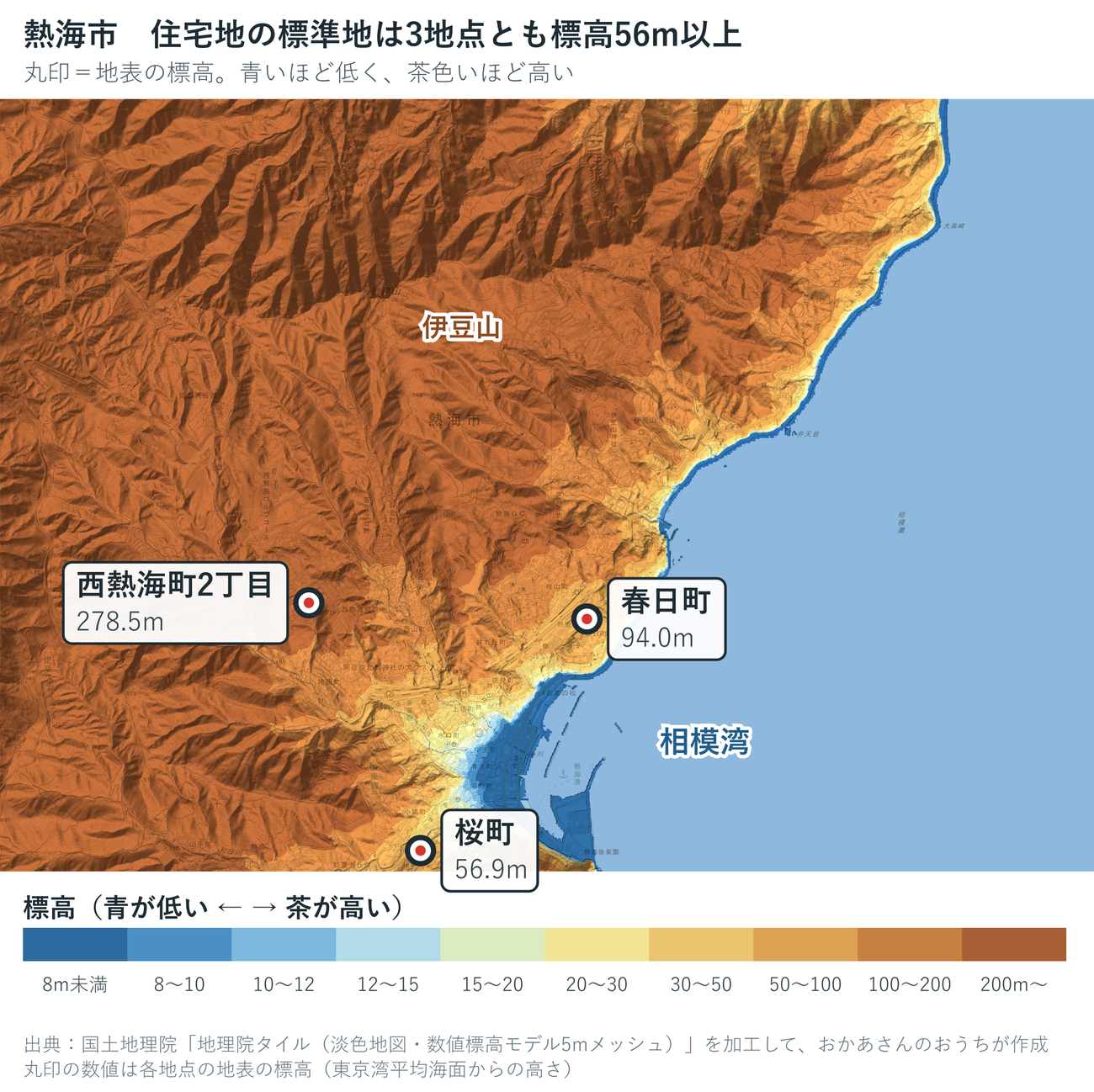 熱海市の色別標高図。住宅地の標準地は桜町56.9m、春日町94.0m、西熱海町2丁目278.5mと、3地点とも標高56m以上の斜面に載っている