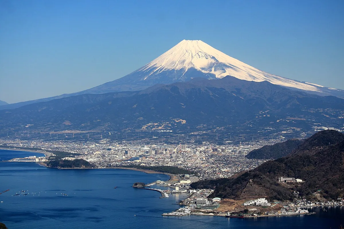 沼津の市街地と富士山。海に近い平地に建物が広がる