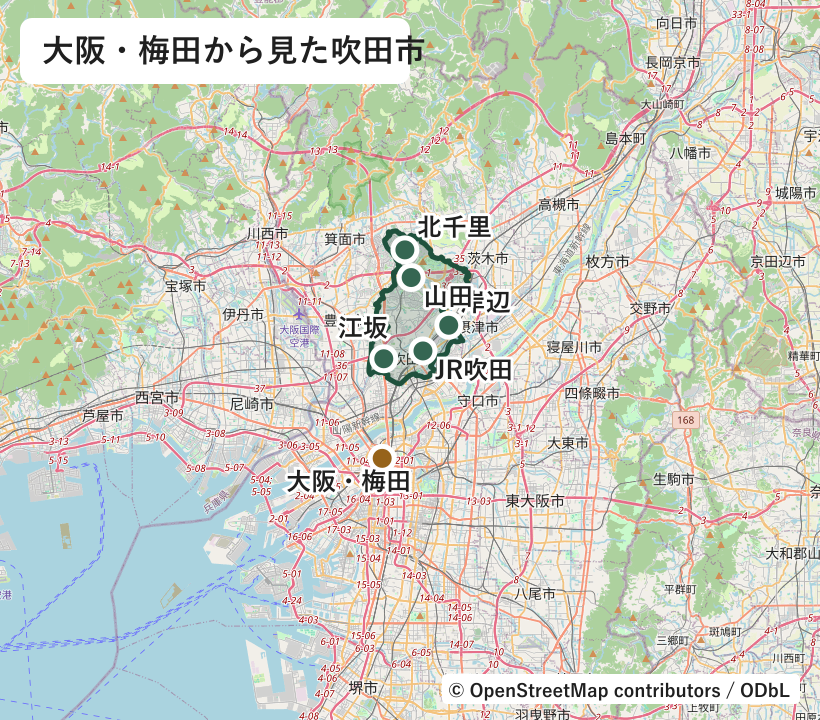 大阪・梅田の北にある吹田市の行政界と江坂、JR吹田、岸辺、山田、北千里の位置図