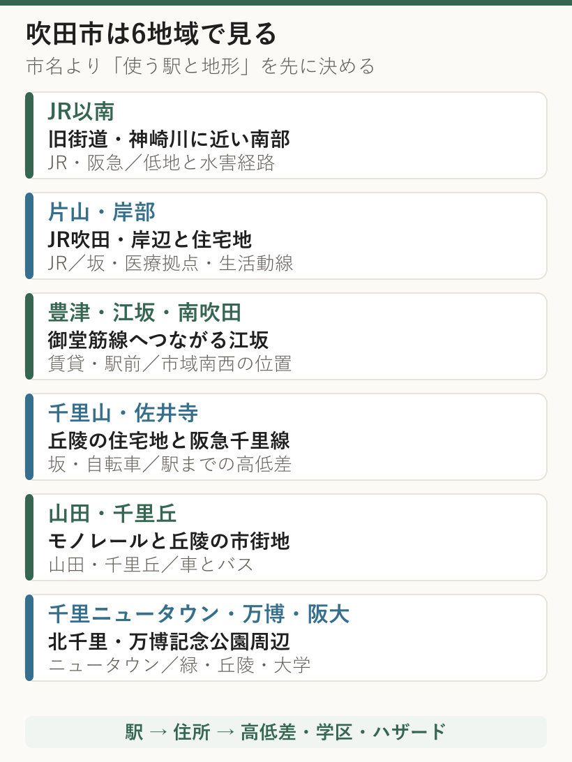 吹田市の公式6地域ごとに代表的な駅と住まい探しの確認点を示した図