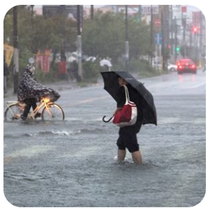 台風による大雨で道路が冠水する市街地
