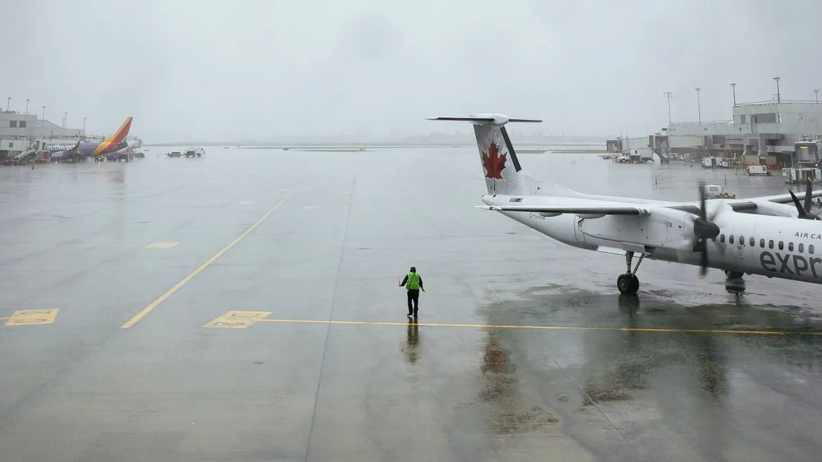 雨が降るエプロンに旅客機が並び、作業員が1人歩いている